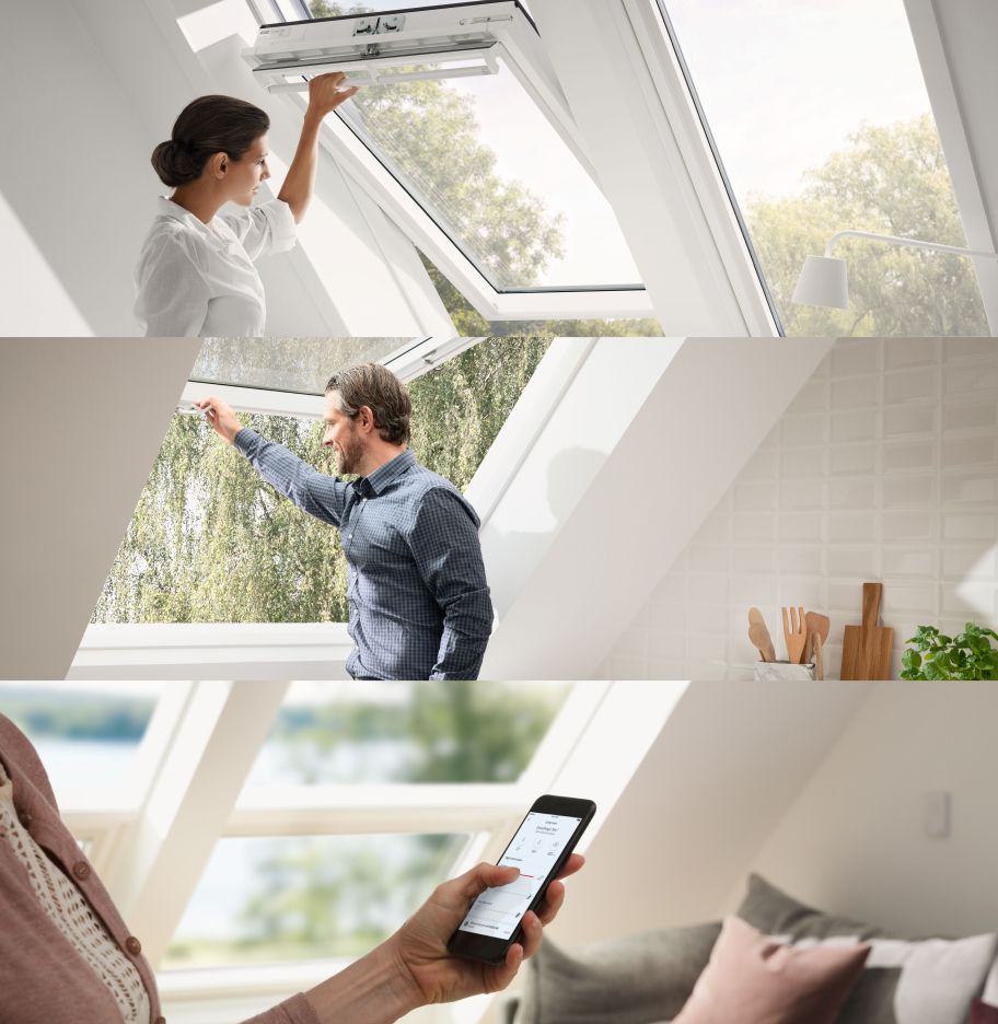 Three VELUX roof windows with different sorts of operations: top operated, bottom operated and electrical operation.